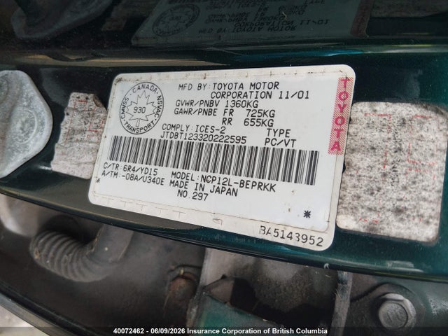 40072462 :رقم المزاد ، JTDBT123320222595 vin ، 2002 Toyota Echo مزاد بيع