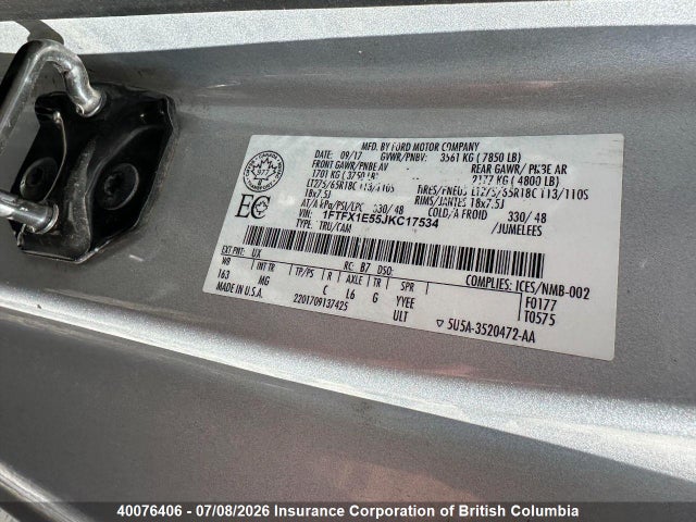 Ford F150 2018 1FTFX1E55JKC17534 Image 9