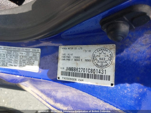 Продаж на аукціоні авто 2001 Honda Prelude Se, vin: JHMBB62701C801431, номер лоту: 40069535