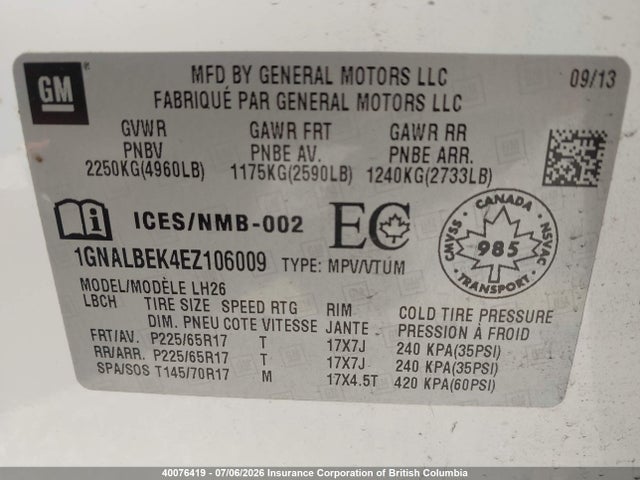 40076419 :رقم المزاد ، 1GNALBEK4EZ106009 vin ، 2014 Chevrolet Equinox Lt مزاد بيع