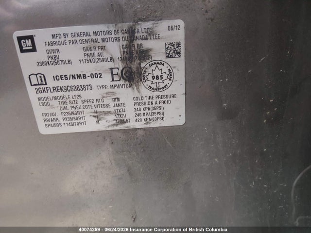 40074259 :رقم المزاد ، 2GKFLREK9C6383873 vin ، 2012 Gmc Terrain Sle مزاد بيع