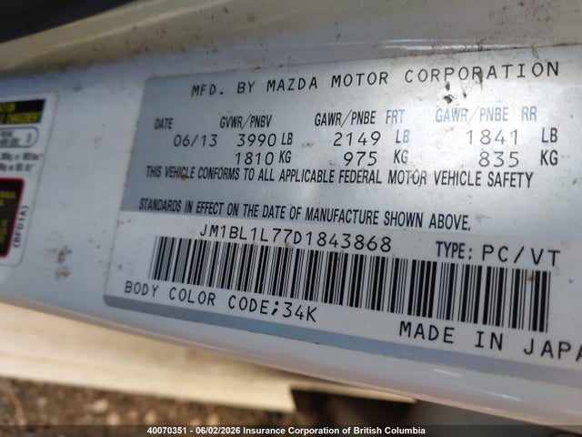 40070351 :رقم المزاد ، JM1BL1L77D1843868 vin ، 2013 Mazda 3 I مزاد بيع