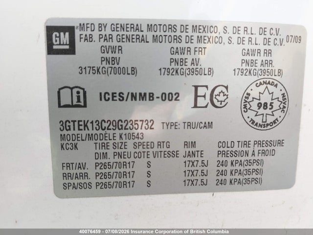 Aukcja sprzedaży 2009 Gmc Sierra 1500 Sl/sle/wt, vin: 3GTEK13C29G235732, numer aukcji: 40076459