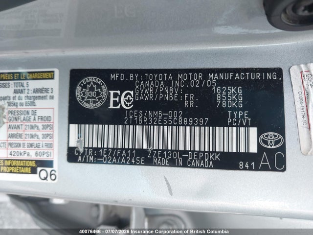 Продажа на аукционе авто 2005 Toyota Corolla Ce/le/s, vin: 2T1BR32E55C889397, номер лота: 40076466