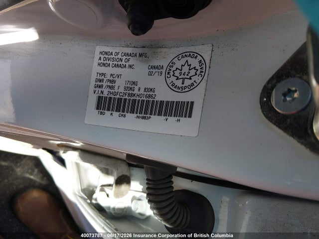 2019 Honda Civic Sport მანქანა იყიდება აუქციონზე, vin: 2HGFC2F88KH016862, აუქციონის ნომერი: 40073787