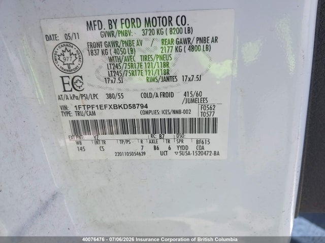 40076476 :رقم المزاد ، 1FTPF1EFXBKD58794 vin ، 2011 Ford F150 مزاد بيع