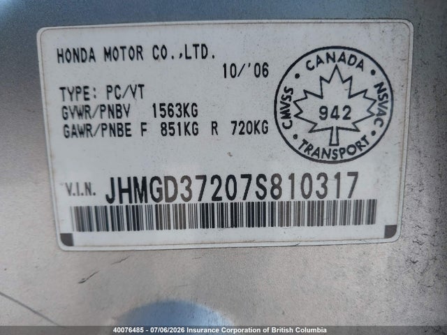 Aukcja sprzedaży 2007 Honda Fit, vin: JHMGD37207S810317, numer aukcji: 40076485