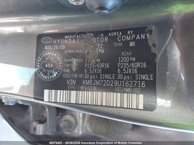 2009 Hyundai Tucson Gls მანქანა იყიდება აუქციონზე, vin: KM8JM72D29U162716, აუქციონის ნომერი: 40076487