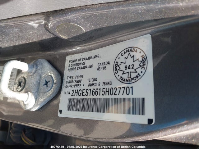 2005 Honda Civic მანქანა იყიდება აუქციონზე, vin: 2HGES16615H027701, აუქციონის ნომერი: 40076489