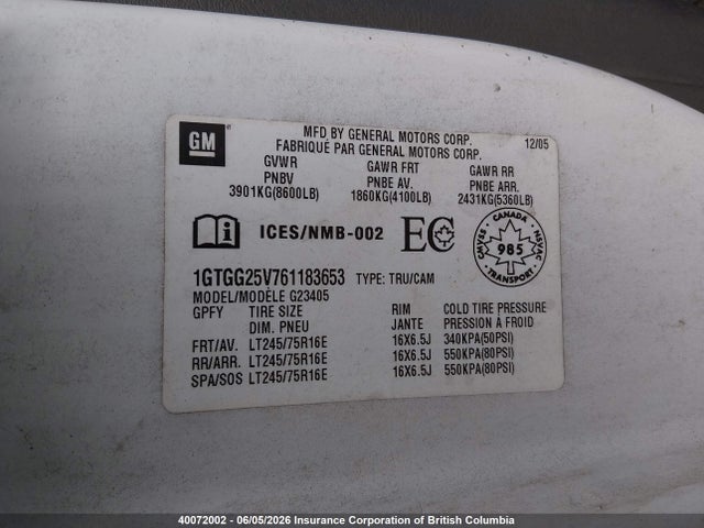 Aukcja sprzedaży 2006 Gmc Savana G2500, vin: 1GTGG25V761183653, numer aukcji: 40072002