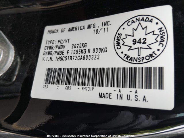 Aukcja sprzedaży 2012 Honda Accord Ex, vin: 1HGCS1B72CA800323, numer aukcji: 40072086