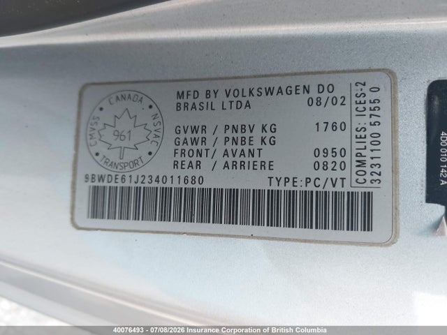 Aukcja sprzedaży 2003 Volkswagen Golf, vin: 9BWDE61J234011680, numer aukcji: 40076493