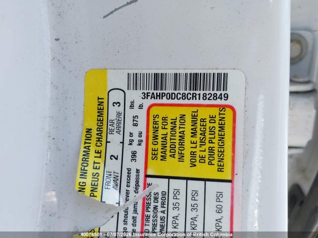 40076501 :رقم المزاد ، 3FAHP0DC8CR182849 vin ، 2012 Ford Fusion Sport مزاد بيع