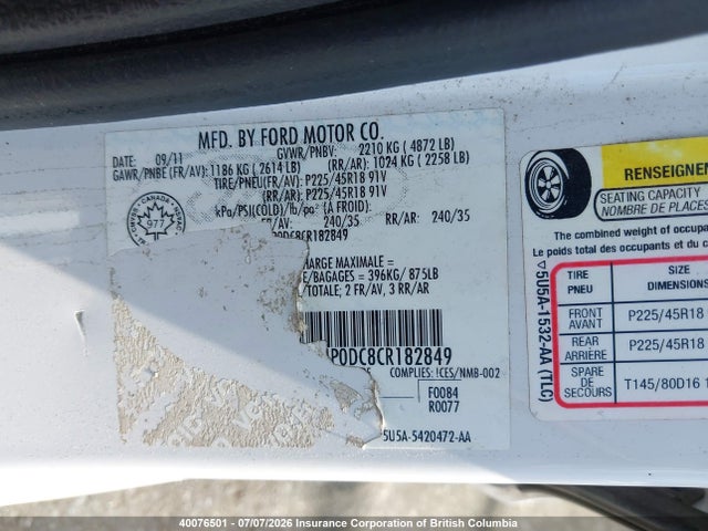 40076501 :رقم المزاد ، 3FAHP0DC8CR182849 vin ، 2012 Ford Fusion Sport مزاد بيع