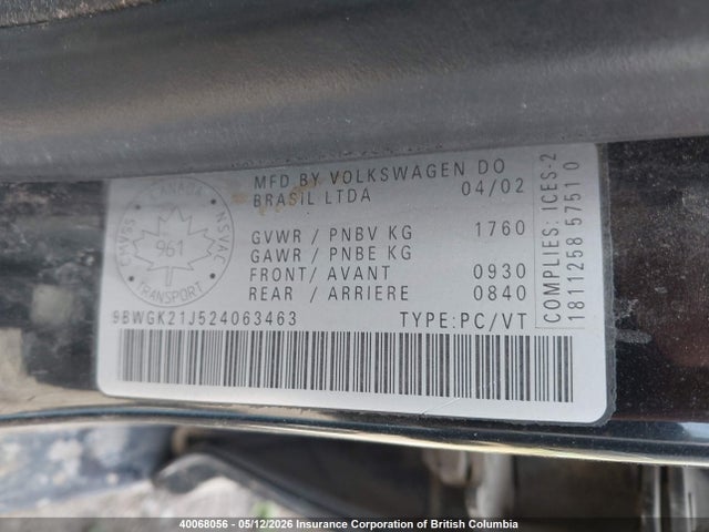 Aukcja sprzedaży 2002 Volkswagen Golf Gls, vin: 9BWGK21J524063463, numer aukcji: 40068056