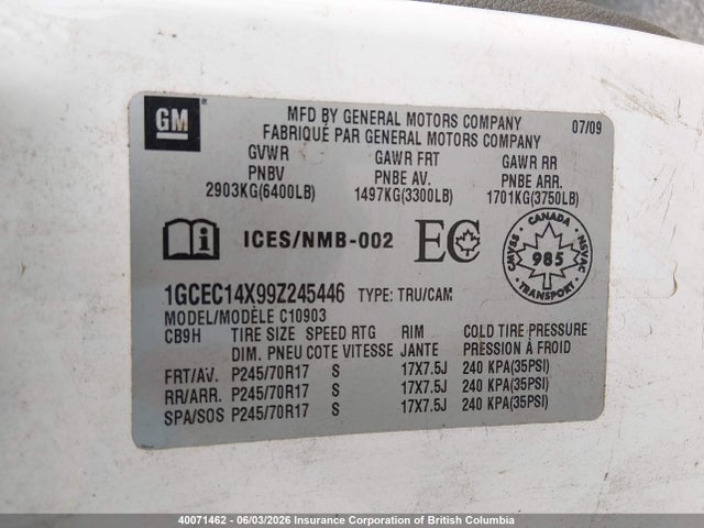 40071462 :رقم المزاد ، 1GCEC14X99Z245446 vin ، 2009 Chevrolet Silverado C1500 مزاد بيع