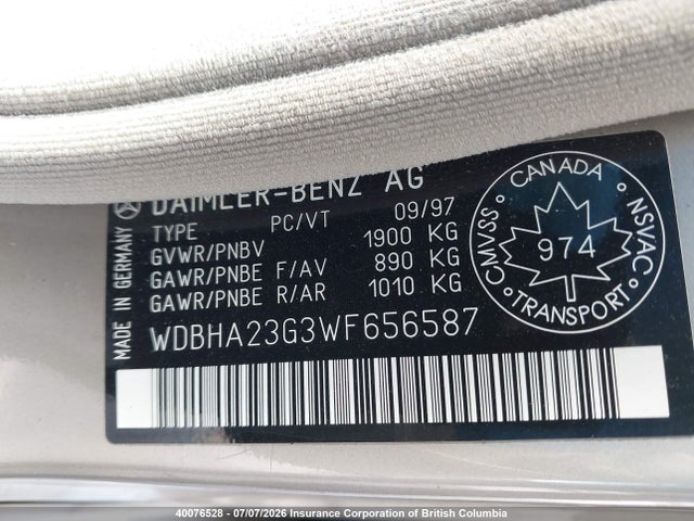 40076528 :رقم المزاد ، WDBHA23G3WF656587 vin ، 1998 Mercedes-benz C Class Classic (a5) مزاد بيع