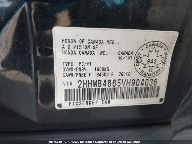 40076530 :رقم المزاد ، 2HHMB4665VH904036 vin ، 1997 Acura 1.6el مزاد بيع