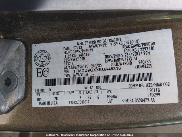 40075576 :رقم المزاد ، 1FMCU9GXXEUA48318 vin ، 2014 Ford Escape Se مزاد بيع