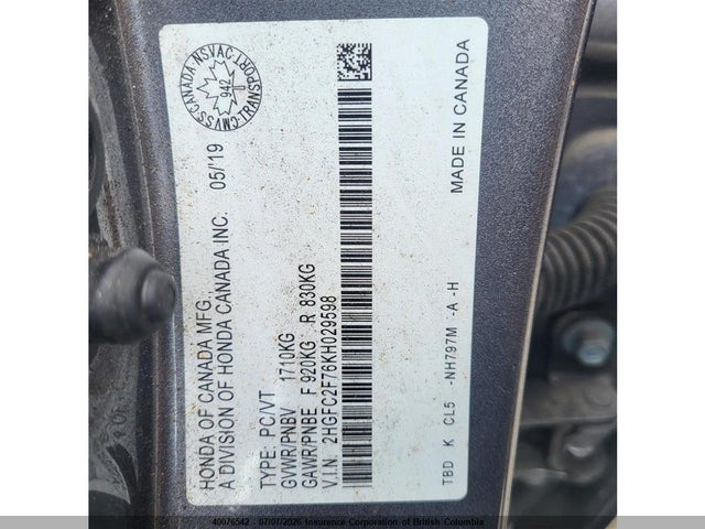 2019 Honda Civic მანქანა იყიდება აუქციონზე, vin: 2HGFC2F76KH029598, აუქციონის ნომერი: 40076542