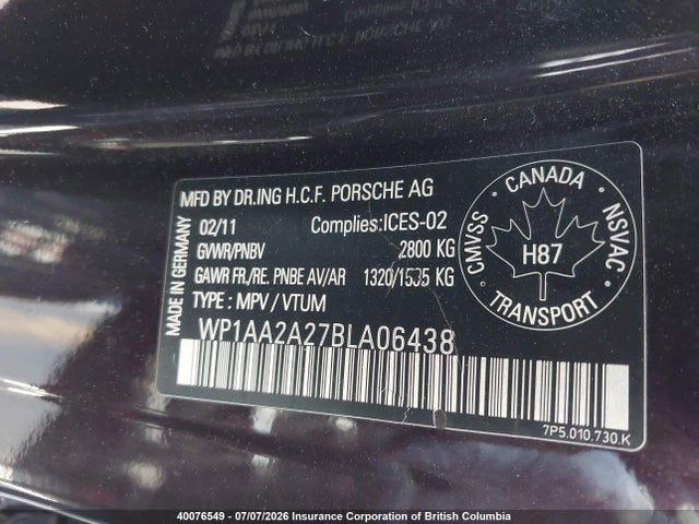 40076549 :رقم المزاد ، WP1AA2A27BLA06438 vin ، 2011 Porsche Cayenne مزاد بيع
