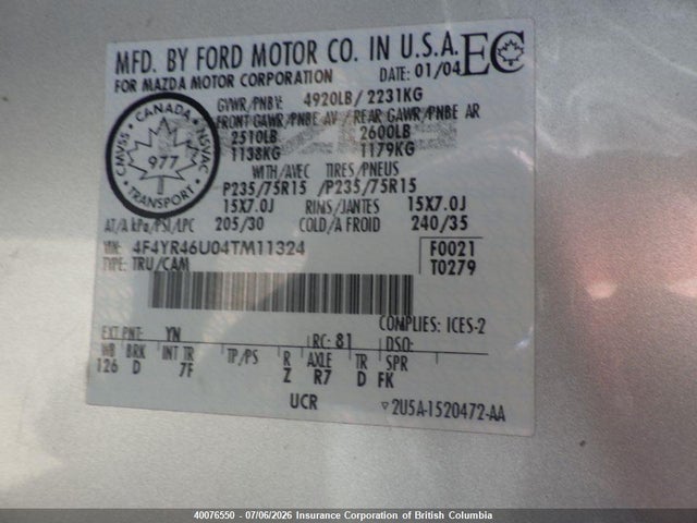 2004 Mazda B3000 მანქანა იყიდება აუქციონზე, vin: 4F4YR46U04TM11324, აუქციონის ნომერი: 40076550