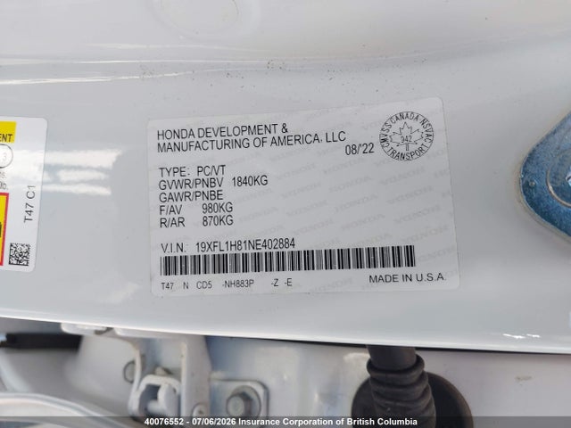 2022 Honda Civic მანქანა იყიდება აუქციონზე, vin: 19XFL1H81NE402884, აუქციონის ნომერი: 40076552