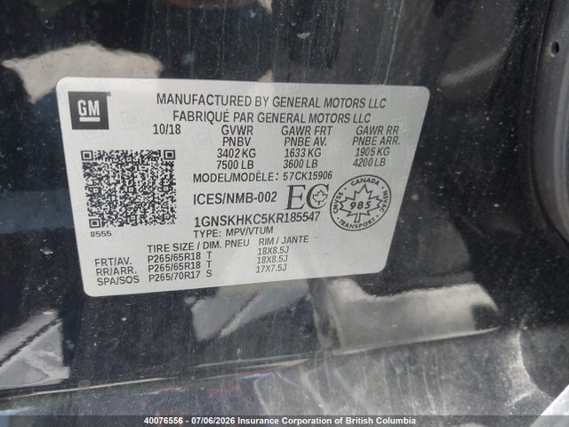 40076556 :رقم المزاد ، 1GNSKHKC5KR185547 vin ، 2019 Chevrolet Suburban Lt مزاد بيع