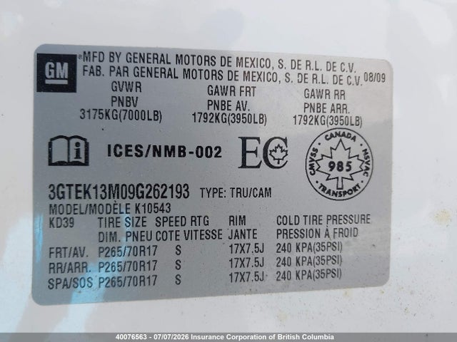 Продаж на аукціоні авто 2009 Gmc Sierra K1500, vin: 3GTEK13M09G262193, номер лоту: 40076563