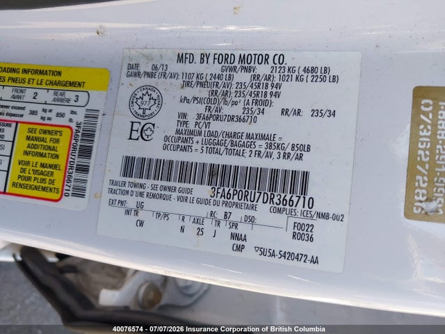 40076574 :رقم المزاد ، 3FA6P0RU7DR366710 vin ، 2013 Ford Fusion Titanium Hev مزاد بيع