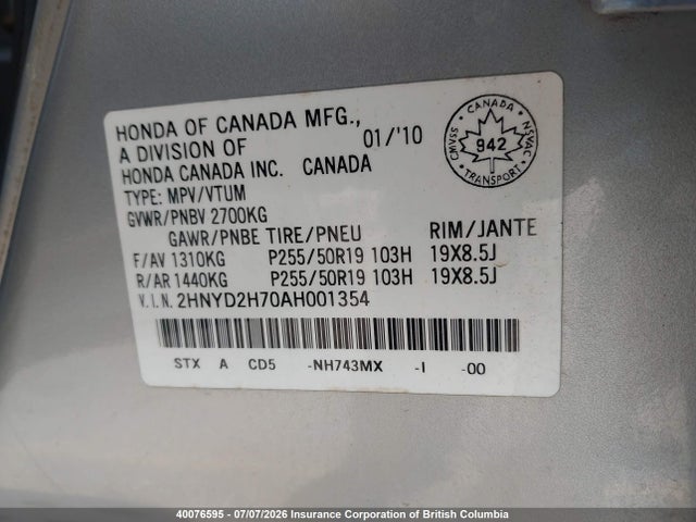Aukcja sprzedaży 2010 Acura Mdx, vin: 2HNYD2H70AH001354, numer aukcji: 40076595