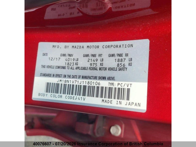 Aukcja sprzedaży 2018 Mazda 3 Gs, vin: JM1BN1V71J1180106, numer aukcji: 40076607