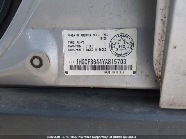 2000 Honda Accord Dx მანქანა იყიდება აუქციონზე, vin: 1HGCF8644YA815703, აუქციონის ნომერი: 40076610