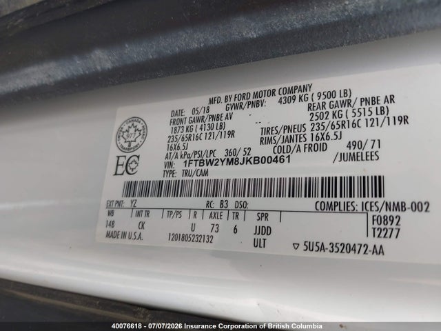 40076618 :رقم المزاد ، 1FTBW2YM8JKB00461 vin ، 2018 Ford Transit T-350 مزاد بيع