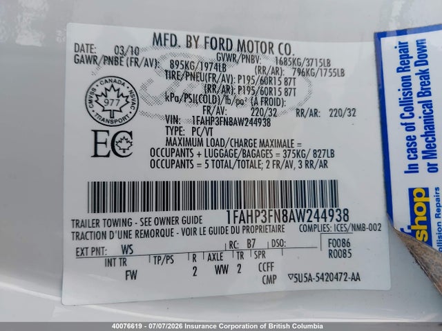 40076619 :رقم المزاد ، 1FAHP3FN8AW244938 vin ، 2010 Ford Focus مزاد بيع