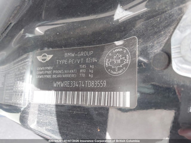 Продажа на аукционе авто 2004 Mini Cooper S, vin: WMWRE33474TD83559, номер лота: 40076620