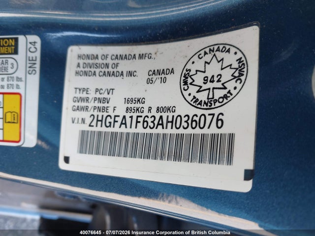 2010 Honda Civic მანქანა იყიდება აუქციონზე, vin: 2HGFA1F63AH036076, აუქციონის ნომერი: 40076645