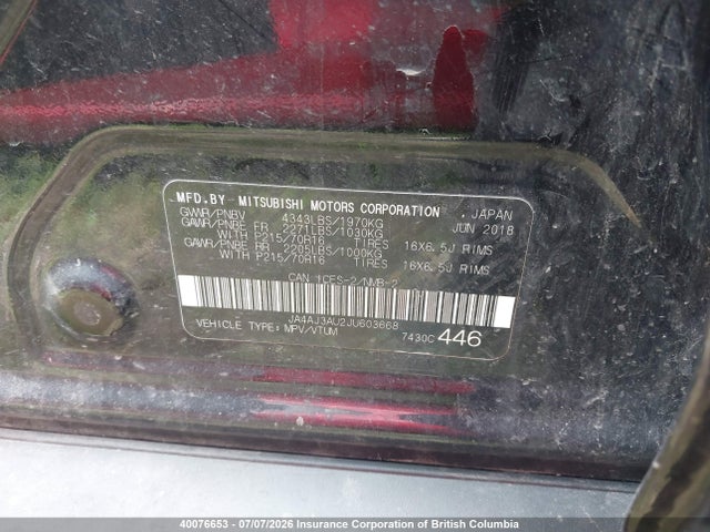 Aukcja sprzedaży 2018 Mitsubishi Rvr, vin: JA4AJ3AU2JU603668, numer aukcji: 40076653