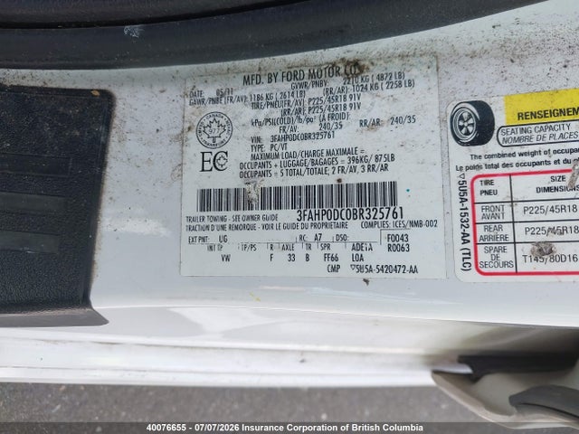 40076655 :رقم المزاد ، 3FAHP0DC0BR325761 vin ، 2011 Ford Fusion Sport مزاد بيع