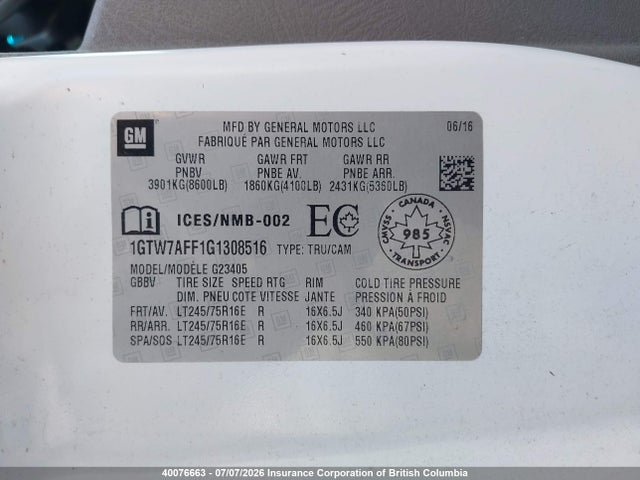 40076663 :رقم المزاد ، 1GTW7AFF1G1308516 vin ، 2016 Gmc Savana G2500 مزاد بيع