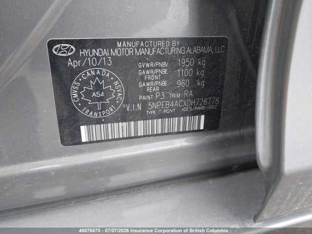 Aukcja sprzedaży 2013 Hyundai Sonata Gls, vin: 5NPEB4ACXDH726778, numer aukcji: 40076670