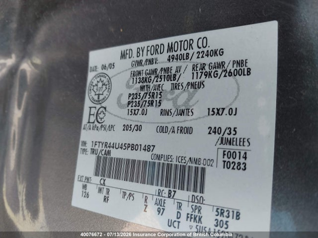 40076672 :رقم المزاد ، 1FTYR44U45PB01487 vin ، 2005 Ford Ranger Super Cab مزاد بيع