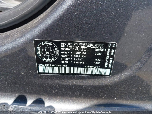 40076712 :رقم المزاد ، 1VWAH7A39DC037726 vin ، 2013 Volkswagen Passat 2.5l Trendline مزاد بيع