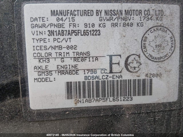 Aukcja sprzedaży 2015 Nissan Sentra S/sv/sr/sl, vin: 3N1AB7AP5FL651223, numer aukcji: 40072145