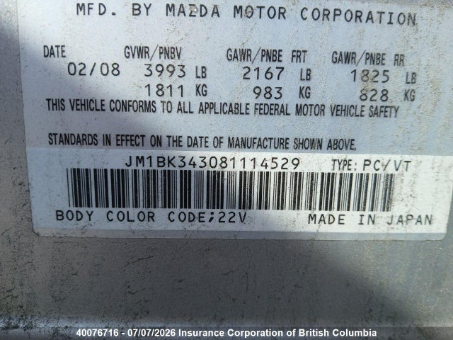 40076716 :رقم المزاد ، JM1BK343081114529 vin ، 2008 Mazda 3 Hatchback مزاد بيع