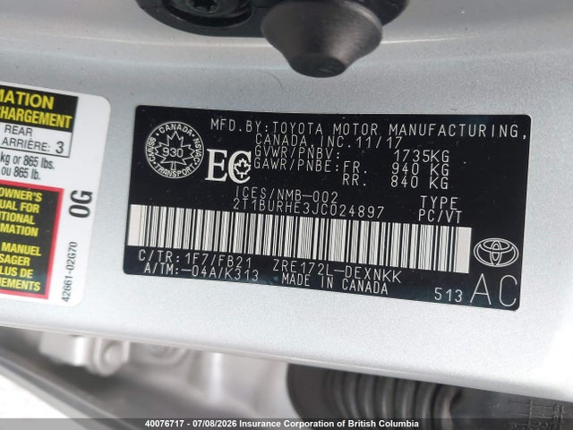 2018 Toyota Corolla L/le/xle/se/xse მანქანა იყიდება აუქციონზე, vin: 2T1BURHE3JC024897, აუქციონის ნომერი: 40076717
