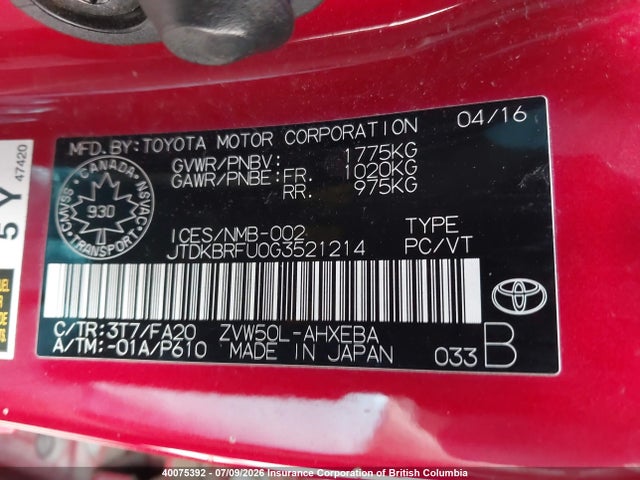 Toyota Prius 2016 JTDKBRFU0G3521214 Image 9