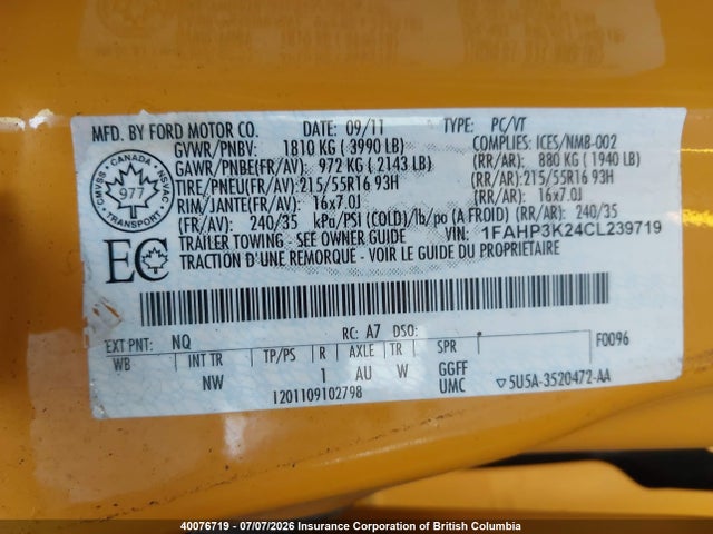 40076719 :رقم المزاد ، 1FAHP3K24CL239719 vin ، 2012 Ford Focus مزاد بيع