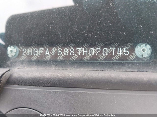 2007 Honda Civic მანქანა იყიდება აუქციონზე, vin: 2HGFA16387H020745, აუქციონის ნომერი: 40076752