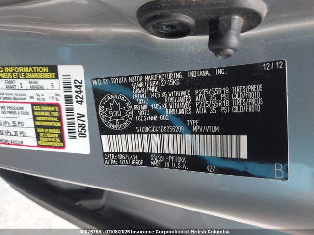 2013 Toyota Sienna Xle/limited მანქანა იყიდება აუქციონზე, vin: 5TDDK3DC1DS056209, აუქციონის ნომერი: 40076758